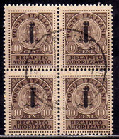 ITALIA REGNO ITALY KINGDOM 1944 REPUBBLICA SOCIALE ITALIANA RSI RECAPITO AUTORIZZATO CENT. 10 QUARTINA USATA BLOCK USED - Revenue Stamps