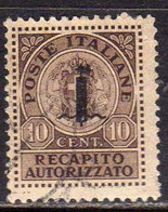 ITALIA REGNO ITALY KINGDOM 1944 REPUBBLICA SOCIALE ITALIANA RSI RECAPITO AUTORIZZATO CENT. 10c USATO USED OBLITERE' - Revenue Stamps