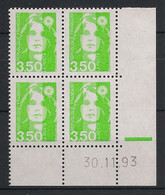 France - 1993 - N°Yv. 2821 - Marianne De Briat 3f50 Vert Clair - Bloc De 4 Coin Daté - Neuf Luxe ** / MNH / Postfrisch - 1990-1999