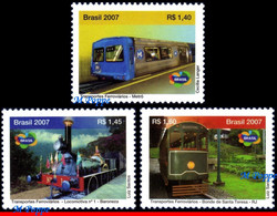 Ref. BR-3023-25 BRAZIL 2007 TRANSPORT, RAIL TRANSPORT, RAILROAD,, TRAINS, RAILWAY, SET MNH 3V Sc# 3023-3025 - Treni