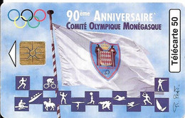 CARTE-PUBLIC-MONACO-50U-MF44A-GEM B-Fond Rouge-04/97-COMITE OLYMPIQUE-V°Pt  DN°Série 4003-UTILISE-BE - Monace