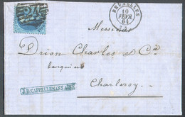 N°15 - Médaillon 20 Centimes Bleu, Obl. P.24 à 10 Barres Sur Lettre De BRUXELLES Le 10 Février 1864 Vers Charleroi - 169 - 1863-1864 Medallions (13/16)