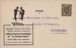 BELGIQUE PREO LION HERALDIQUE BRUXELLES  1937 SUR CARTE AVEC  PUBLICITE " LA DERNIERE HEURE" THEMATIQUE PRESSE - Typo Precancels 1929-37 (Heraldic Lion)