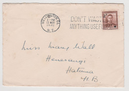 NEW ZEALAND 2d Overprint Stamp On Wellington Mail To Hatuma, Waipukura Backstamp May 1941 (W45) - Briefe U. Dokumente