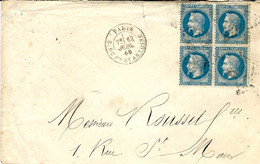 1866- Enveloppe De Paris / R. Du Fg St Antoine Affr. Bloc De 4 Du N°29  Pour Paris ( 3 ème échelon ) - 1849-1876: Klassik