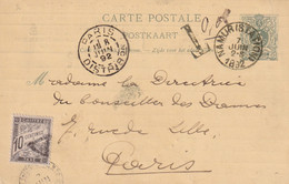 DDY 407 -- TAXE En FRANCE - Entier Postal 5 C NAMUR Station 1892 Vers Paris - Timbre-Taxe 10 C Annulé Petit Triangle - Postcards 1871-1909