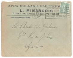 LYON Gare Lettre Entête Mangois 15c Semeuse Yv 130 Ob Méca Frankers Expo Arts Décoratifs Industriels 1925 Dreyfus LY0414 - Oblitérations Mécaniques (flammes)