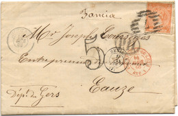 1866-ESPAÑA-SPAIN Edifil: 82. ISABEL II. Lettre ESPAGNE DE Seville à EAUZE (Gers) Entrée Ambulant A St Jean De Luz - Storia Postale