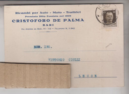 BARI STORIA POSTALE PUBBLICITARIA C. DE PALMA  AUTO MOTO 1936 - Bari