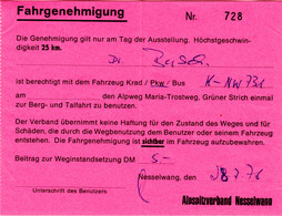 NESSELWANG Bayern 1976 Alpspitzstrasse Fahrschein Fahrgenehmigung Für 1 PKW Boleto Biglietto Ticket Billet - Unclassified