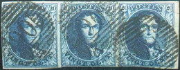 N°4(3) - Médaillons 20 Centimes Bleus En Bande De Trois, Bdf Droit, 1 Ex. Margé, 2 Au Filet En Bas, Obl. P.90 OSTENDE bi - 1849-1850 Medaillen (3/5)