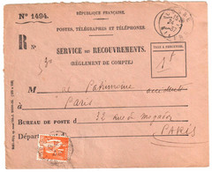 COSNE Nièvre Service Recouvrements Enveloppe Entière N° 1494 Yv 286 1F Paix Orange Taxe Ob Paris 1937 - Briefe U. Dokumente