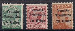 TRENTINO ALTO ADIGE  1918 FRANCOBOLLI D'ITALIA DEL 1901-17 SOPRASTAMPATI SASS. 28-30  MNH XF - Trento