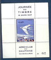 BLOC  DE LA JOURNEE DU TIMBRE DE 1947 DE LA MURE AEROCLUB DU DAUPHINE DESSINE PAR DRAIM - Filatelistische Tentoonstellingen
