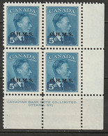 Canada 1950 Sc O15A  Official LR Plate 1 Block MNH** - Números De Planchas & Inscripciones