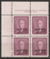 Canada 1950 Sc O14  Official UL Plate 2 Block MNH** - Plattennummern & Inschriften