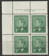 Canada 1950 Sc O12  Official UL Plate 2 Block MNH** - Plattennummern & Inschriften