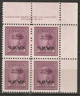Canada 1949 Sc O3  Official UR Plate 34 Block MNH** - Num. Planches & Inscriptions Marge