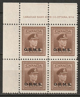 Canada 1949 Sc O2  Official UL Plate 4 Block MNH** - Plattennummern & Inschriften