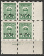 Canada 1949 Sc O1  Official LR Plate 31 Block MNH** - Num. Planches & Inscriptions Marge