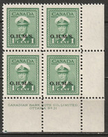 Canada 1949 Sc O1  Official LR Plate 31 Block MNH** - Plate Number & Inscriptions