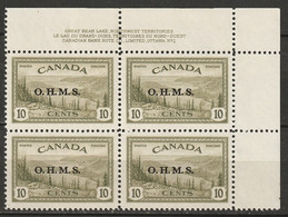 Canada 1949 Sc O6  Official UR Plate 1 Block MNH** - Num. Planches & Inscriptions Marge