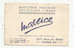 Carte De Visite , Bijouterie Fantaisie , Colifichet - Mode , MARLICE , Paris XX E - Cartoncini Da Visita