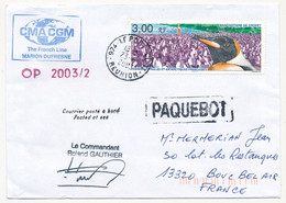 Affr 3,00 Manchotière Oblit 974 LE PORT (Réunion) 23/02/2003 - Posté à Bord Du Marion Dufresne, Griffes Diverses - Cartas & Documentos