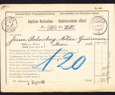 1896 Nachnahme Schein Der Telegraphen Verwaltung. Telegraphen Und Post Stempel Laupen. Gümmenen, Rückseitig. - Telegraafzegels