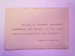 2021 - 159  FAIRE-PART De NAISSANCE De Jean MARCENAC  (Pamiers  10 Juillet  1923)   XXX - Geburt & Taufe