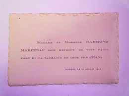 2021 - 159  FAIRE-PART De NAISSANCE De Jean MARCENAC  (Pamiers  10 Juillet  1923)   XXX - Birth & Baptism