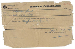 1949 LYON - CERTIFICAT D AUTORISATION CHAUFFEUR DE ROUTE - REGION SUD EST MATERIEL ET TRACTION - SCHNEIDER HENRI - Altri & Non Classificati