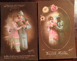 2 CPA , éd  Mondial, Fantaisies, Militaria, Couples "Bonne Année (234) - Les Fleurs De Notre Amour" (151), 1917-1918 - Guerre 1914-18