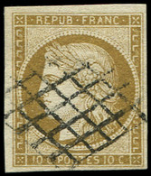EMISSION DE 1849 - 1b   10c. Bistre VERDATRE, Oblitéré GRILLE, TTB. C - 1849-1850 Cérès
