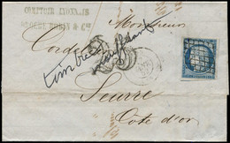 Let EMISSION DE 1849 - 4    25c. Bleu, Obl. GRILLE S. LAC, Càd T15 LYON 17/1/52, "timbre Insuffisant" Et Taxe 25 DT, TB - 1849-1876: Periodo Classico