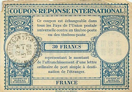 Themes Div-ref GG304- Entiers Postaux -coupon Reponse International -30francs -cachet Pont A Mousson -meurthe Et Moselle - Buoni Risposte