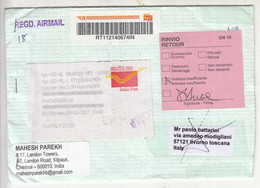Return Regd Airmail Cover From Italy To India, Retour Auxillary Label, MS Of Mother Teresa, Nobel Prize, Christianity - Mère Teresa