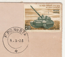 F.P.O. 874 FDC India 1976, 16 Light Cavalry, War Tank, Defence, Army, Militaria, (cond., Stains) - Military Service Stamp