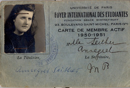 1950 / 1951 UNIVERSITÉ DE PARIS / FOYER INTERNATIONAL DES ETUDIANTES / FONDATION GRACE WIHTNEY - HOFF , CARTE DE MEMBRE - Unclassified