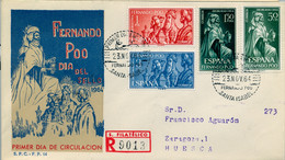 FERNANDO POO , ED. 235 / 238 - DIA DEL SELLO 1964 , SOBRE DE PRIMER DIA CIRCULADO , LLEGADA AL DORSO - Fernando Poo