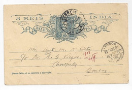 Portuguese INDIA Postal Card To CHOWPATY BOMBAY 3 Reis Stationary Card - Portuguese India