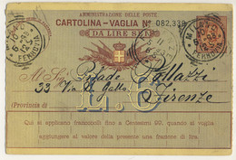 ITALIE / ITALIA 1893 Cartolina-Vaglia Da Lire 6 Usato Da " MILANO • FERROVIA • " A Firenze - Entero Postal