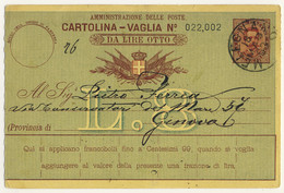 ITALIE / ITALIA 1893 Cartolina-Vaglia Da Lire 8 Usato Da MELEGNANO (Milano) A Genova - Stamped Stationery