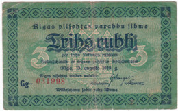Latvia 3 Roubles 1919 Riga City Council - Latvia