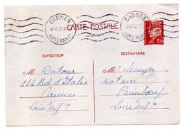 1942--entier Carte Postale Type Pétain 1f20 De Cannes Pour PAIMBOEUF-44..cachet Krag Cannes-06 - Standard Postcards & Stamped On Demand (before 1995)