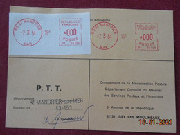 Carte De Contrôle Et D'intervention Sur Machine SATAS Du Bureau De St Mandrier Sur Mer  1984 - Brieven En Documenten
