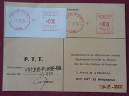 Carte De Contrôle Et D'intervention Sur Machine SATAS Du Bureau De Fréjus Plage GA  1984 - Storia Postale