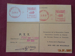 Carte De Contrôle Et D'intervention Sur Machine SATAS Du Bureau De Pont Sur Yonne  1981 - Lettres & Documents