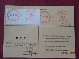 Carte De Contrôle Et D'intervention Sur Machine SATAS Du Bureau De La Cadière D'Azur 1983 - Lettres & Documents