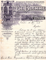 Entreprise Générale D'Installation Gaz D'Eclairage Plombier Zingueur  TH.Blomme OSTENDE  1919  BLD Rogier Ostende TEL 55 - 1800 – 1899